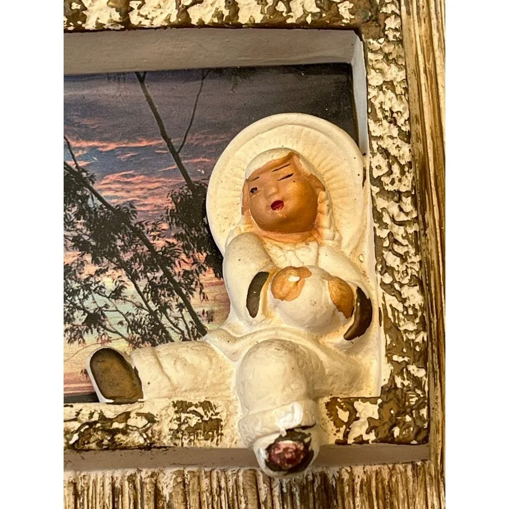 Plaster of Paris Vintage Molded Picture Frame Insert Accented W/ Person and‎ Pot